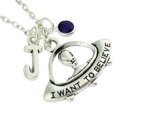 Image of Personalised UFO Spaceship Necklace - initial charm, birthstone crystal, silver plated or sterling silver, custom jewellery, alien celestial spaceship cosmos science fiction fandom grunge 90s