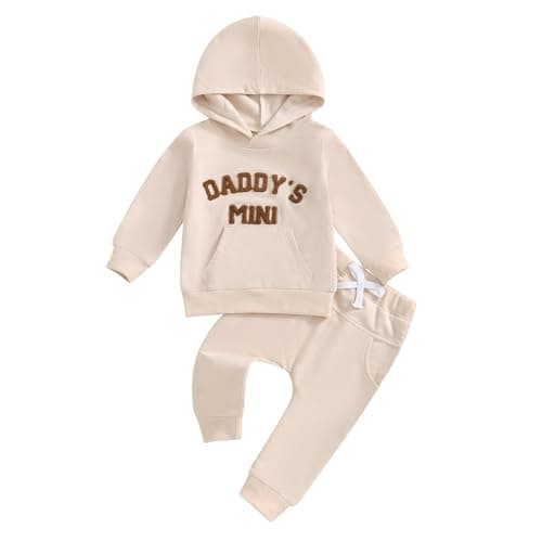 Image of JiAmy Toddler Baby Boys Clothes 2Pcs Daddy's Mini Print Long Sleeve Hoodie Sweatshirt Pants Set Newborn Tracksuit Clothing Outfit for Beige 6-12 months