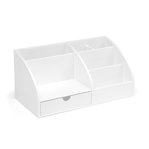 Image of OSCO White Plastic Desk Tidy Pen Pot, 7 Section Organiser with Pull-Out Drawer for Stationery, Cosmetics & Home Office Supplies, H12×W25×D13 cm