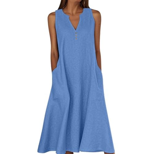 Image of Summer Dresses for Women Cotton Linen V Neck Button Sleeveless Dress Casual Solid Maxi Loose Fit Beach Sundress with Pockets Holiday Dresses for Women UK mini Blue XL