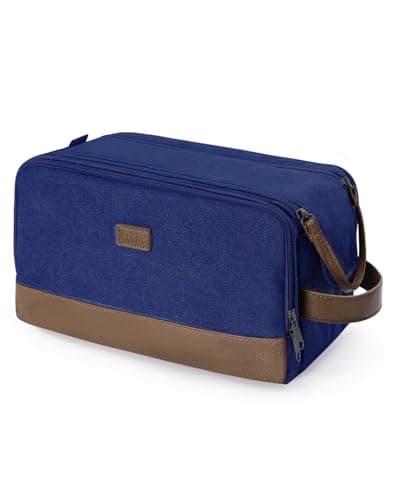 Image of WANDF Toiletry Bag for Men Travel Wash Bag Toiletry Organizer Canvas and PU Leather Dopp Kit Water-Resistant Shaving Kit for Travel Accessories (Blue, Patent Pending)