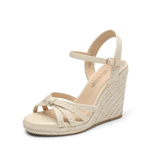 Image of DREAM PAIRS Wedge Sandals for Women Dressy Summer, Platform Espadrille Strappy Casual Braided Heels Comfortable with Open Toe and Ankle Strap,Size 6,Beige-Raffia,SDPW2403W