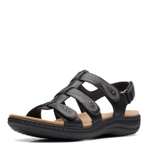 Image of Clarks Women's Laurieann Vine Flat Sandal, Black Leather, 3 UK