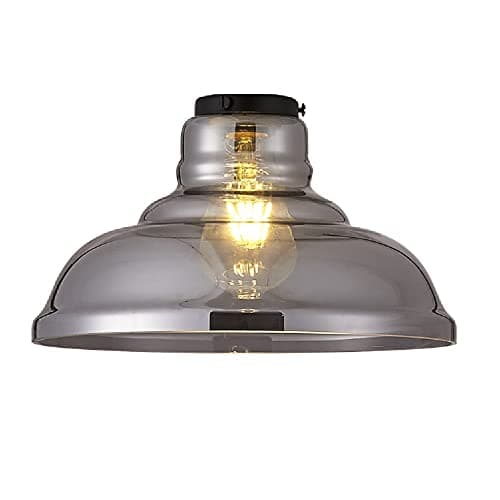 Image of Britalia Smoked Shallow Dome Glass Vintage Easy Fit Pendant Light Shade | 28cm Diameter | Black Metal Top Cap | None Electric Retro Ceiling Light | Fits E27 ES Lampholders