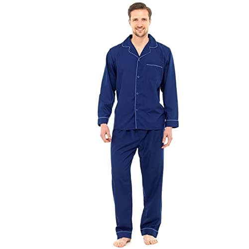 Image of MyShoeStore Men's Traditional 2 Piece Pyjama Set Long Sleeve Button Up Cotton Blend Sleepwear Navy M
