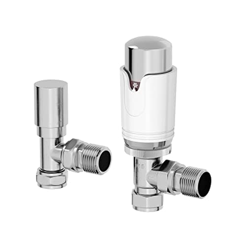 Image of DuraTherm® Thermostatic Radiator Valve Pack Set, 15mm Lockshield TRV & Thermostat, White Valves for Radiators, Angled