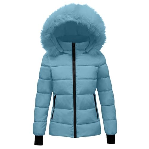 Image of duxyoz Winter Coats for Girls UK - Hooded,Warm,Padded,Quilted,Lightweight,Casual Fitted Overcome Puffer Jacket with Faux Fur Hood Blue 13-14 Years