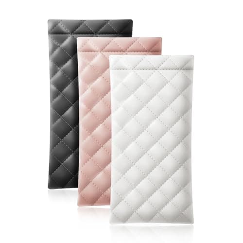 Image of HKzzy Leather Eyeglass Cases 3 Pack Portable Sunglasses Cases Squeeze Top PU Glasses Pouch Travel Soft Trinket Organizer Bags (Black White Pink)