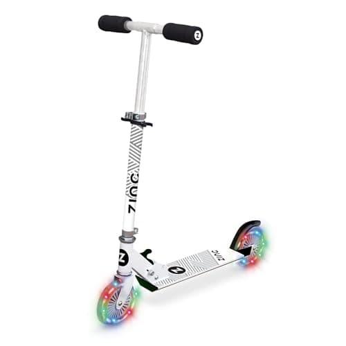 Image of Zinc Two Wheeled Rider Kids Scooter for Ages 3+ – Folding 2-Wheel Kick Scooter with Light Up Wheels, Lightweight, Height Adjustable, Anti-Slip Footplate, Rear Footbrake, Soft Touch Foam Grips, White
