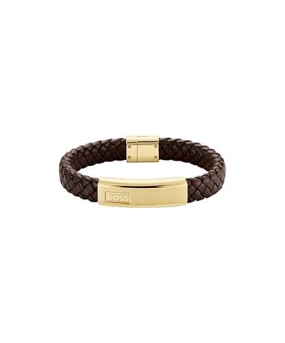 Image of BOSS Jewelry Men's LANDER Collection Bracelet with Brown Leather and Gold Stainless Steel Closure - 1580746M