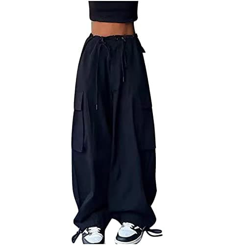 Image of Women Wide Leg Cargo Pants Casual Baggy High Elastic Waisted Cargo Trousers with Pockets Loose Fit Drawstring Sweatpant Plain Streetwear Jogger Bottoms for Ladies