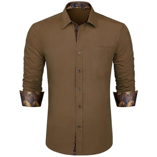 Image of HISDERN Mens Long Sleeve Shirts Regular Fit Casual Button Shirt for Men Formal Dress Shirts Business Shirt Brown XL