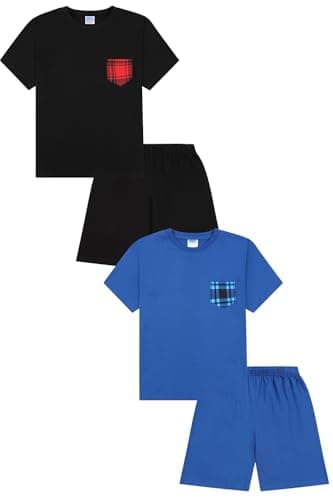Image of ThePyjamaFactory Boys Black Blue Check Pocket 2 Pack Short Pyjamas PJs For Kids (12-13 Years)
