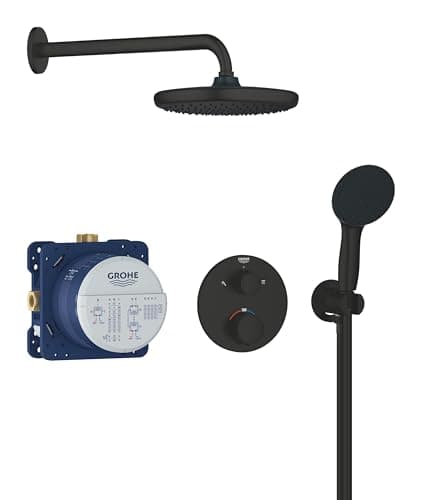 Image of GROHE Precision - Concealed Shower System with Thermostat for 2 Outlets (Integrated Shut Off/Diverter Valve, Head Shower 25cm, Hand Shower 2 Sprays 11cm, Hose 1.5m, Round Trim), Matt Black, 348832430