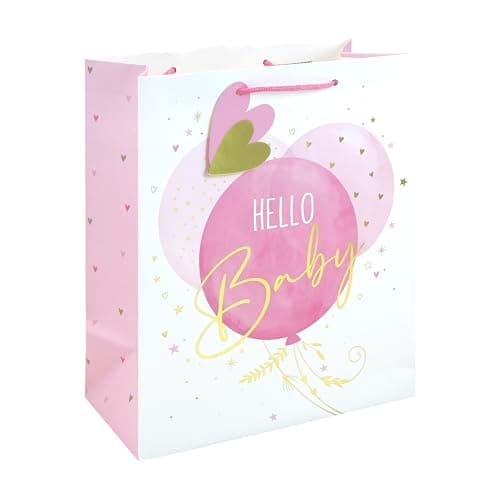 Image of Eurowrap Hello Baby Large Gift Bag – Pink Balloon Baby Shower Present Bag with Foil Finish, White Kraft Paper & Paper Woven Handles – Premium New Baby Girl Gift Packaging