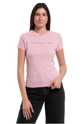 Image of Tommy Jeans Women’s Linear Slim Fit Short Sleeve T-Shirt, Pink (Pink Sugar), XL