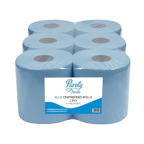 Image of Blake & White Centrefeed Blue Rolls 6 Pack - Purely Smile 2 Ply Tissue Roll for Wiping Surfaces & Drying Hands - 400 Sheets Strong & Ultra Absorbent Blue Roll | PS1214