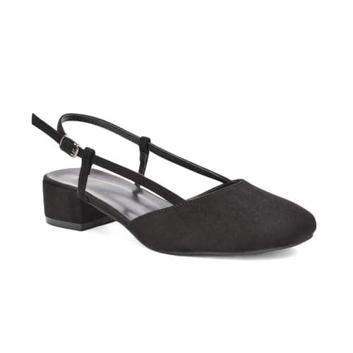 Image of ESSEX GLAM Women's Slingback Court Shoes Ladies Black Faux Suede Buckle Strap Party Low Block Square Toe Comfy Heel Size 5