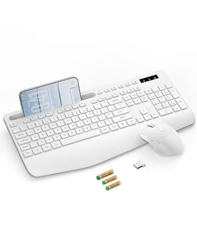 Image of SABLUTE KM23D Wireless Keyboard and Mouse Set, 2.4G Ergonomic Cordless Set with Wrist Rest, Phone Holder, Batteries Included, Lag-Free Silent Combo for Laptop, PC, Mac, Windows - White