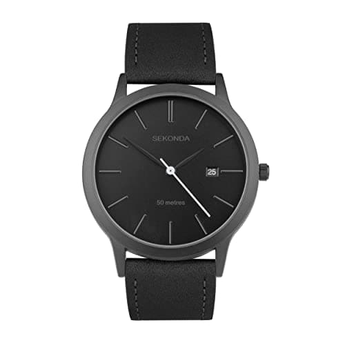 Image of Sekonda Bergen Mens 39mm Quartz Watch in Black with Analogue Date Display, and Black Leather Strap 30134