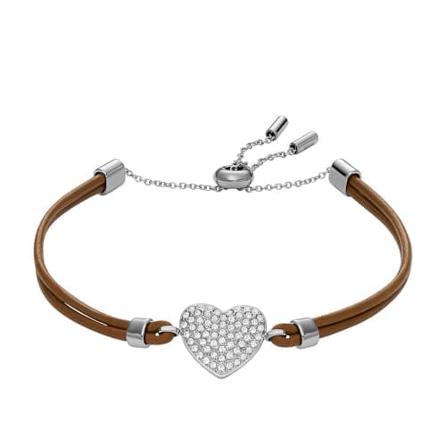 Image of Fossil Women's Sadie Glitz Heart Brown Leather Strap Bracelet, JF04675040