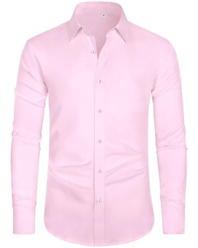 Image of J.VER Shirts for Men Adult Pink Formal Dress 4-Way Stretch Long Sleeve Smart Casual Business Work Fashion Button Down Shirt M