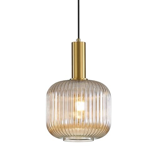 Image of HJXDtech Amber Glass Pendant Light, Vintage Island Pendant Light Fixture in Gold Finish, Height Adjustable Ceiling Hanging Lamp for Kitchen Dining Room Bedroom, E27 Base (20cm)