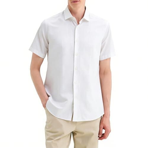 Image of LXEASYGO Men's Short Sleeve Shirts 4-Way Stretch Dress Regular Fit Business Casual Button Down Shirts (UK, Alpha, 3XL, Regular, Regular, White﻿)
