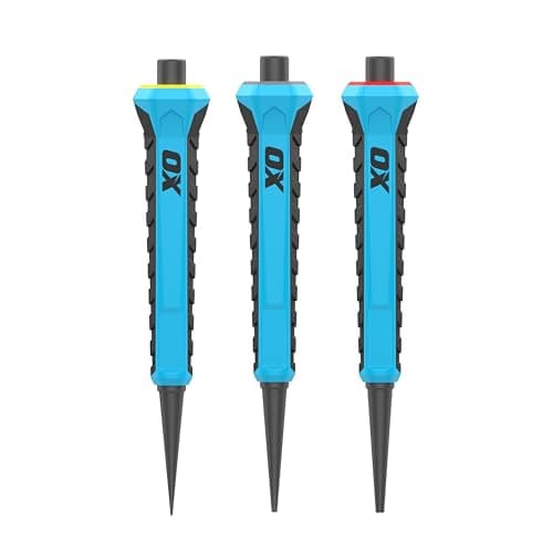 Image of OX Pro Nail Punch 3 Pack Set (0.8mm, 1.6mm, 2.4mm), Forged Hardened Steel, Broad Grip Head, Non-Slip Grip, Hexagonal Anti-Roll Design for Stability, Colour-Coded Centre Punch, OX-P095031