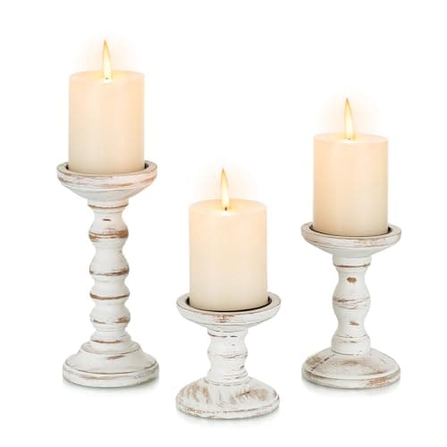 Image of Candeldo Candle Holders for Pillar Candles: Wooden Candle Holder Set of 3 Pillar Candle Holder Rustic Farmhouse Decor Table Centrepiece Candle Holders for Living Room Fireplace Decorations