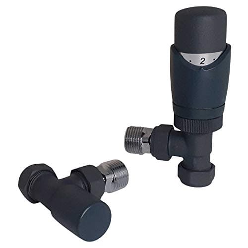 Image of Anthracite Radiator Valves - Thermostatic Radiator Valve Set for a Vertical Radiator - Angled Radiator Valves including an Angled TRV & Lockshield Valve | Sidato Caldo