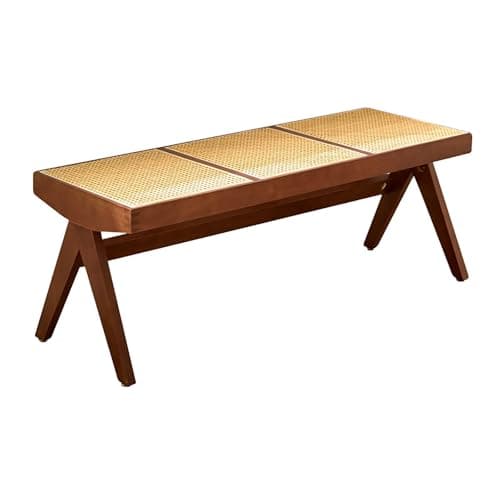 Image of Modern Rattan Entryway BenchEasy to Assemble Indoor Wooden Dining Table Seat Light Walnut Finish Stylish Storage Solution for Hallway & Living Room.