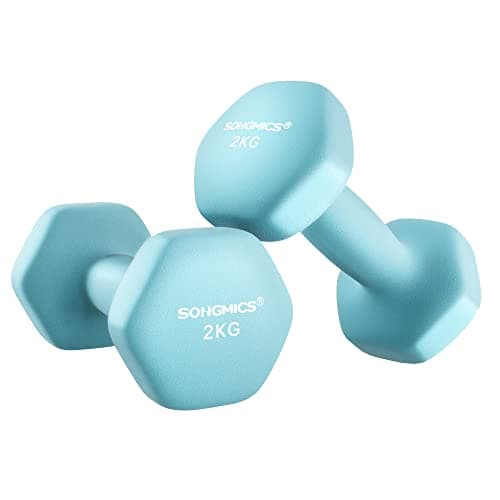 Image of SONGMICS Dumbbells Set of 2 2 x 2kg Dumbbells Set Hexagon Neoprene Coating Strength Training Workout Fitness Training Home Pale Blue SYL904Q01