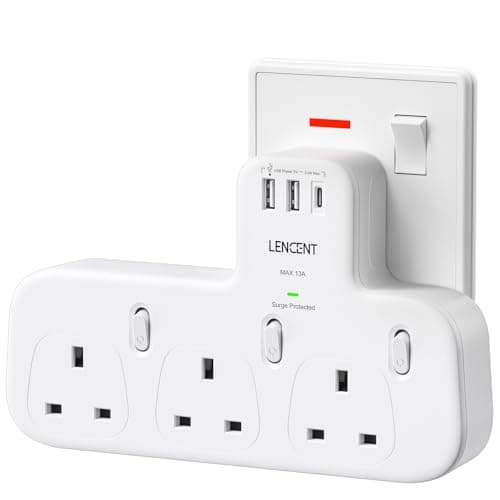 Image of LENCENT 3 Way Plug Extension with 1 USB C and 2 USB Ports, Surge Protected Multi Plug Adapter, 3 AC Wall Socket Extender for Household Appliances, iPhone, Smartphone, Tablets, 13A 3250W