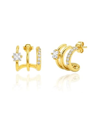 Image of 14K Gold Plated Cubic Zirconia Tripple Huggie Stud Open Hoop Earrings Statement CZ Wrap Earrings Fashion Jewellry for Women