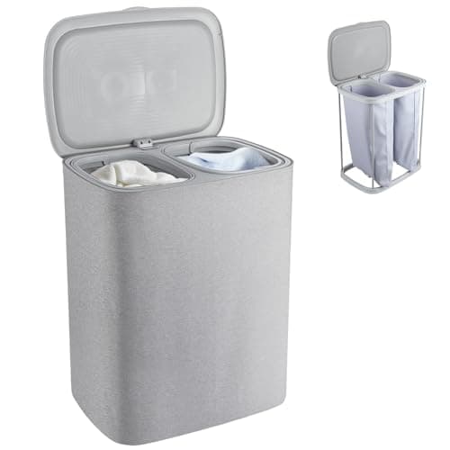 Image of 90L Large Laundry Basket with Lid, 2 Removable & Machine Washable Sorting Bags Foldable Clothes Hamper Organiser for Home, Dorm, Travel (Grey)