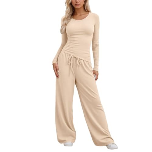 Image of 2 Piece Women's 2025 Fall Outfits Long Sleeve Wide Leg Tracksuits brown black white blue burgundy red coffee navy pink grey Casual Lounge Set Matching Sets Size 6 8 10 12 14 16 18 20 22 24 26 28 30 32
