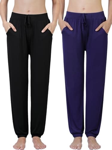 Image of Ymmchy Women's Pajama Pants Soft Pyjama Bottoms Lounge Trousers Sleep Pants with Pockets 2-Pack Black/DB L