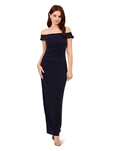 Image of Adrianna Papell Women's Metallic Knit Draped Gown, Light Navy, 16