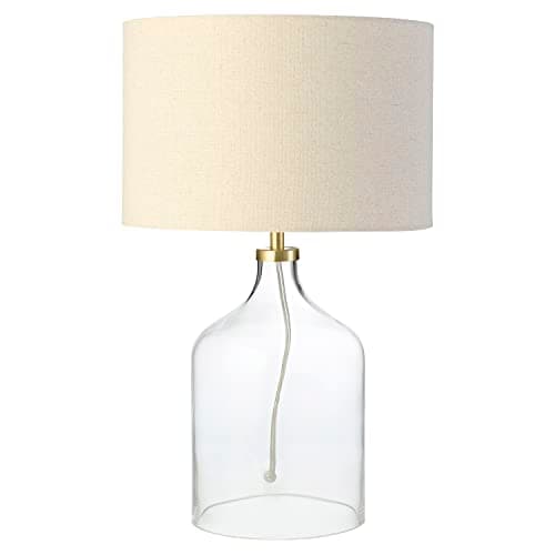 Image of Happy Homewares Contemporary Elegant Table Lamp with Clear Glass Base and Oatmeal Linen Fabric Shade | 1 x E14 60w Maximum | 44cm Height | Brushed Brass Trim