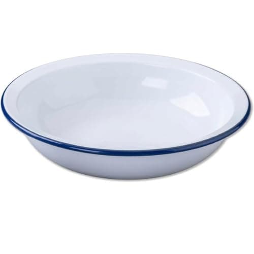 Image of Premium Quality Traditional Enamel White Blue Trim Round Pie Dish 16cm, Rice Plate, Pasta Plate, Bowl, Dinner Plate, Soup Plate, Mixing Bowl, Deep Dish Tableware Crockery