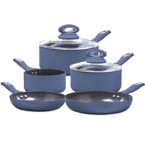 Image of Cermalon Matt Blue 5-Piece Cookware Set - Includes 2X Frying Pans and 3X Saucepans with Grey Sparkle Ceramic Non-Stick Coating - Compatible for All Types of Hobs - PTFE and PFOA Free