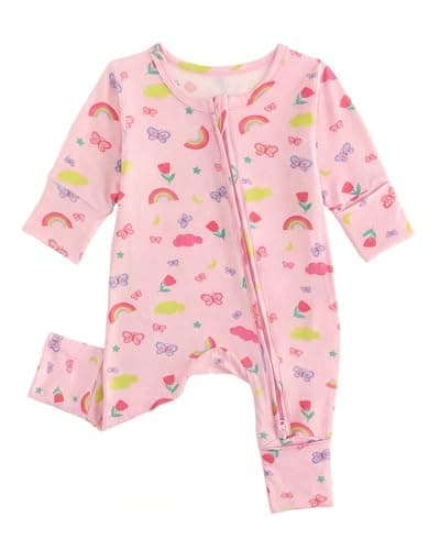 Image of JiAmy Baby Boys Girls Bamboo Sleepsuits 2 Pack, Zip-Up Babygrow with Fold-Over Mittens & Feet, Breathable Lightweight Sleepwear with Anti-Slip Soles Rose 6-9 Months