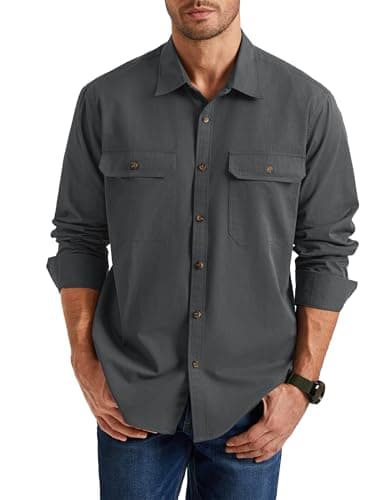 Image of Enlision Men's Long Sleeve Shirt Casual Hard-Wearing Charcoal Grey Shacket Overshirt with Double Flap Pockets XL