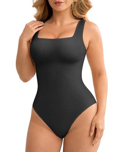 Image of FeelinGirl Shapewear Bodysuit for Women Square Neck Tummy Control Body Shaper Seamless Tank Tops Thong Bodysuits (Black XS/S)