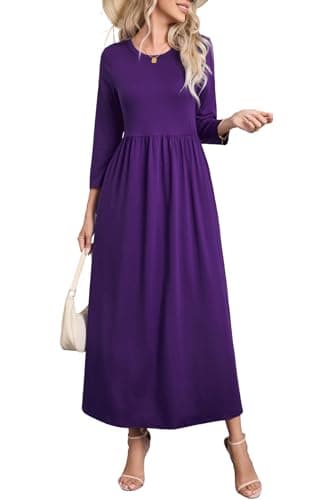 Image of Enmain Maxi Dress for Women UK Purple Casual 3/4 Sleeve A-Line Women's Dresses with Pockets Long Sleeve Winter Elegant Classic Round Neck Tunic Wedding, L