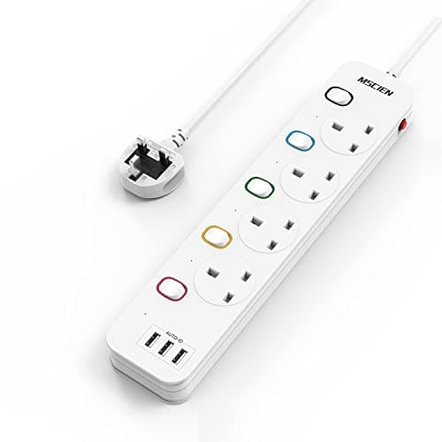 Image of Mscien 5M Extension Lead with USB Slots, 4 Way 3 USB Extension Socket with Individual Switches, Mountable Overload Protection Power Strips, 5 Metre Cable 13A/3250W