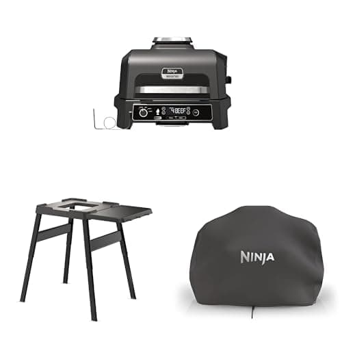 Image of Bundle of Ninja Woodfire Pro XL Electric BBQ Grill & Smoker with Digital Probe, Large 4-in-1 Outdoor Grill & Air Fryer with Smart Cook System & Pellets, Weather Resistant OG850UK + Stand + Cover