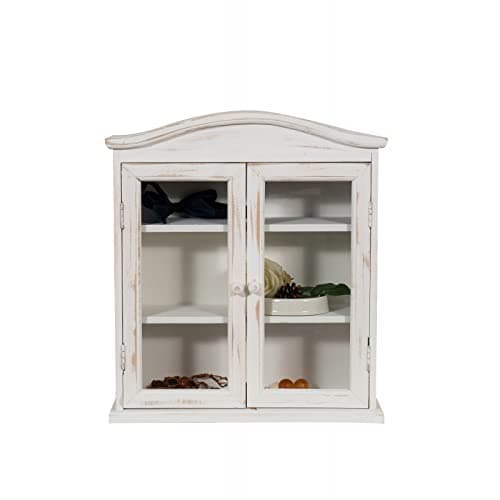 Image of Rustic Wooden Kitchen Display Cabinet with Shabby Chic White Finish 3 Shelves Hanging Bathroom Cabinet with 2 Doors Antique Look 47.5 x 45.5 x 15.5 cm