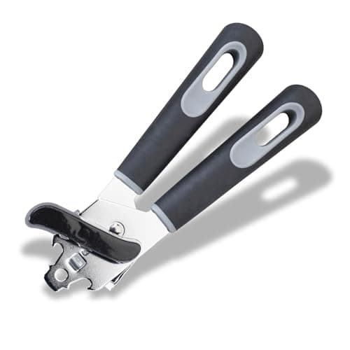 Image of Fackelmann PRO Can Opener Stainless Steel, Soft Touch Comfortable Handle, Food Safe Handheld Manual Tin Opener, Multifunctional with Bottle Cap Opener, Sharp Cutting Blades, Black Grey Silver, 21.5 cm
